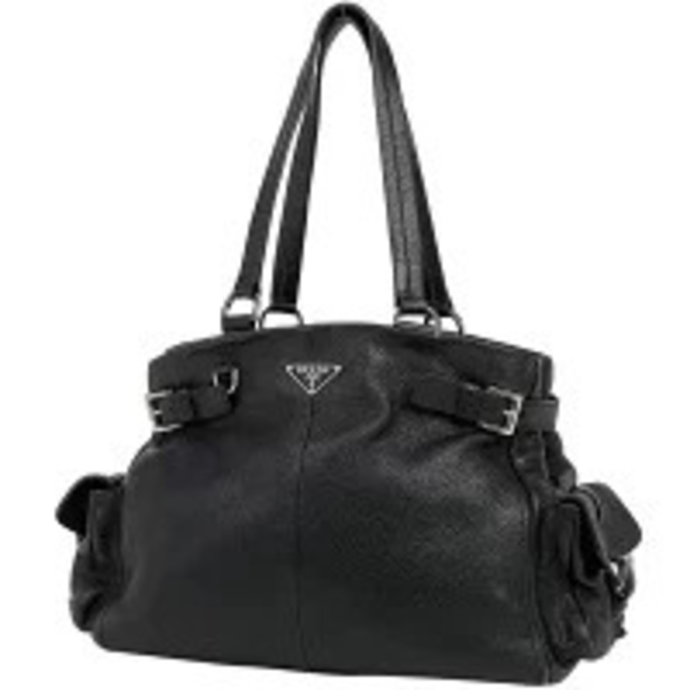 Prada Plate Tote Bag Handbag Leather Nero Black